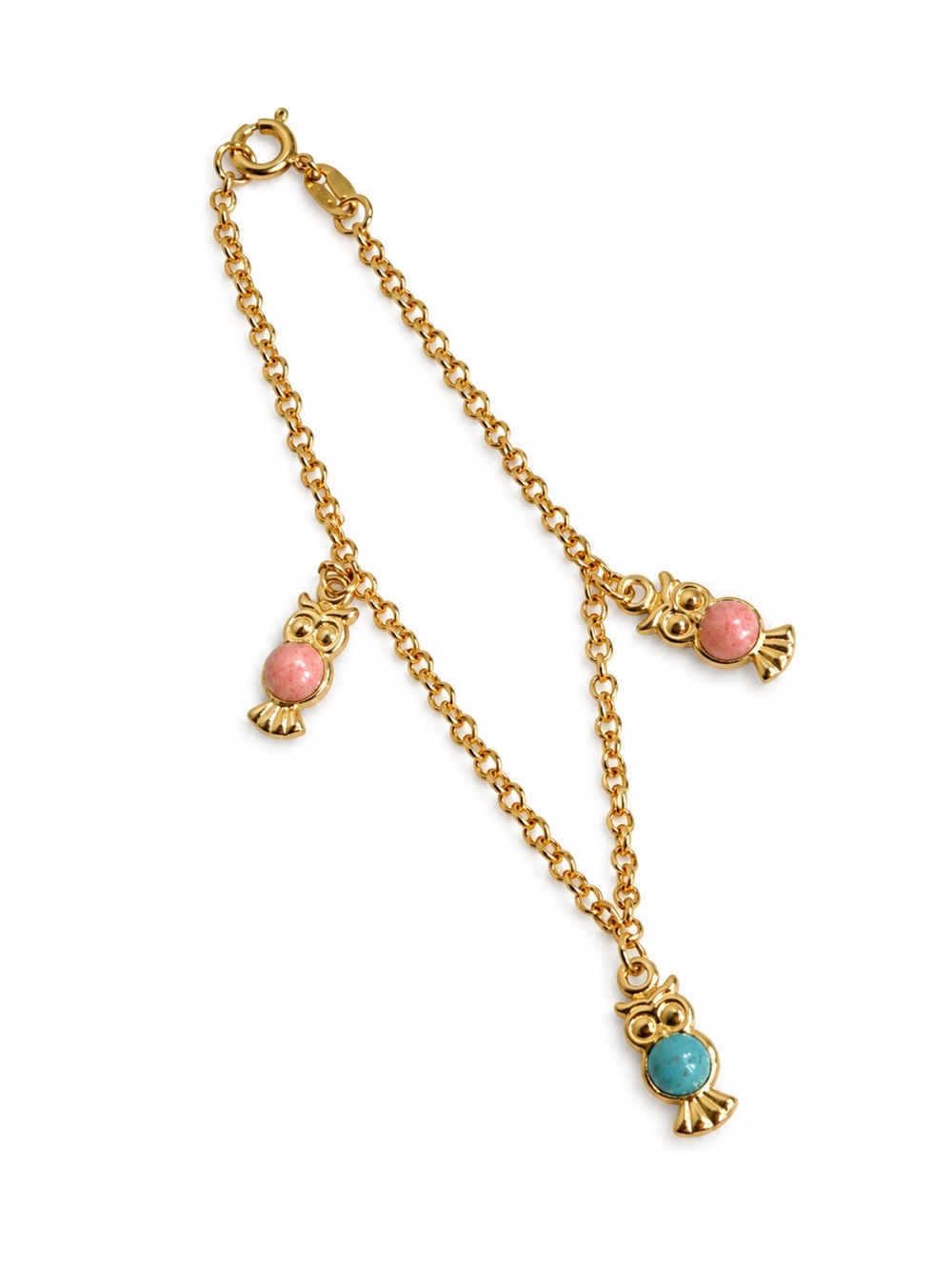 18k Gold Filled Owl Charm Bracelet with Pink and Turquoise Stones